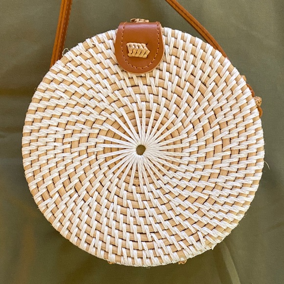 Round Woven Straw Bag with Tan Accents - Picture 3 of 3